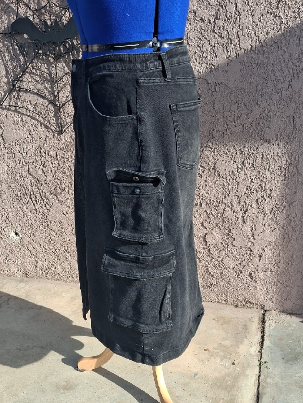 Black Womans Cargo Denim Skirt with Utility Pockets - Picture 5 of 7